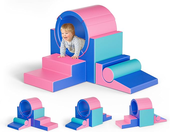 Lischwert Foam Climbing Blocks for Toddlers 1-3, 5pcs Soft Play Set with Tunnel Crawling Exploration Toys, Indoor Infant Safe Blocks for Baby Gym & Toddler Playground - Blue Pink