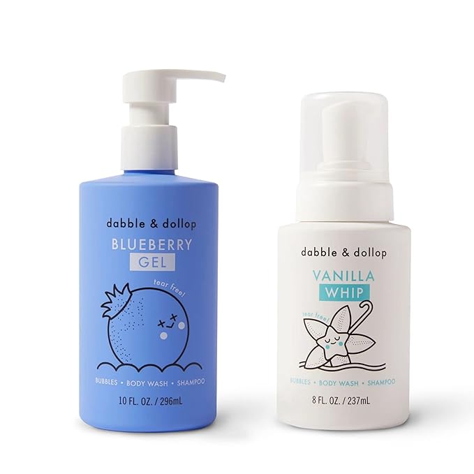 Dabble & Dollop Blueberry + Vanilla Body Wash & Shampoo – 3-in-1 Natural Bubble Bath for Kids, Made in USA, No Parabens or Sulfates, Vegan, Gluten-Free, Tear-Free (2-Pack)