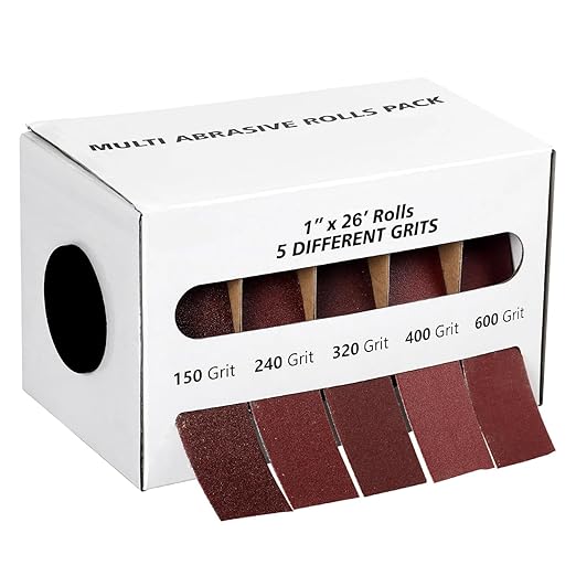 Emery Cloth Roll,5 Grits 1'' x 26FT Sandpaper Roll with Dispenser,150 240 320 400 600 Grit Sand Assortment, Sanding Paper Roll & Sandpaper Sheets for Metal Auto Wood Dry & Wet Polishing.(5Rolls 26FT)