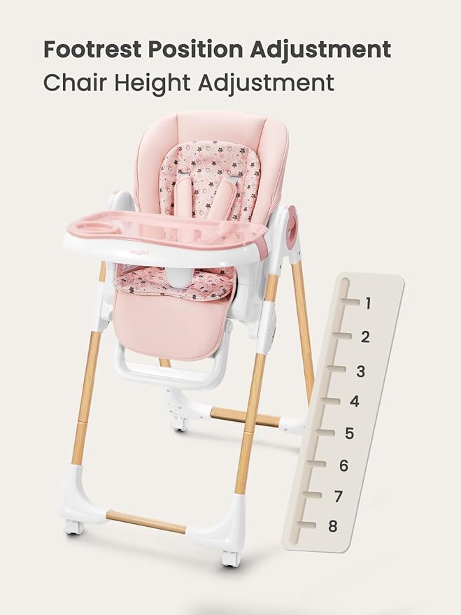 Foldable High Chair with Soft Cushion, High Chairs for Babies and Toddlers, Height Adjustable Feeding Chair, Adjustable Backrest and Footrest, Lockable Wheels, Woodgrain Star Pink