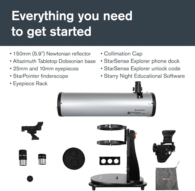 Celestron StarSense Explorer 150AZ App-Enabled Telescope – 150mm Tabletop Dobsonian with Smartphone Dock & StarSense App – iPhone & Android Compatible – Easy-to-Use for Beginners