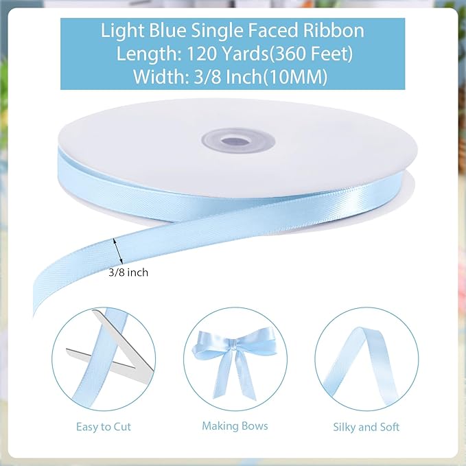120 Yards Blue Ribbon 3/8 Inch Light Baby Blue Ribbon Thin Crafts Satin Ribbons for Baby Shower Cake Bows Hair Wedding Gift Wrapping Basket String Cake Christmas Decorations