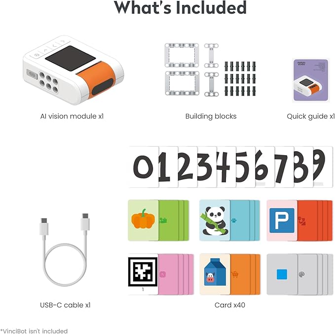 AI Vision Kit for VinciBot with a 180° Flip Camera, Programmable Screen and Modular Structure Can Add 7 Visual Functions, for Beginners and Advanced Learners of AI from 8-12