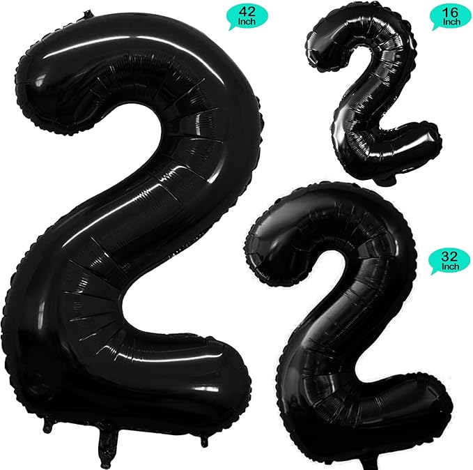 GOER Black Foil Balloons Number 2,Huge Number Balloons for 2nd Birthday Party Supplies Anniversary Decorations (3 pcs,42 inch,32 inch,16inch)