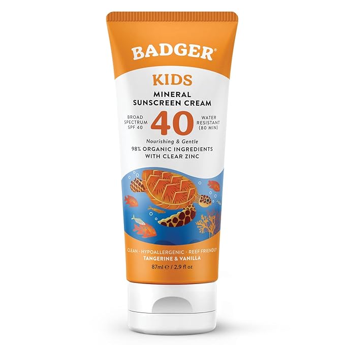 Badger Kids Mineral Sunscreen Cream SPF 40, 98% Organic Ingredients, Zinc Oxide Sunscreen for Kids Face & Body, Water Resistant, Reef Friendly, Hawaii Approved Broad Spectrum Sunblock, 2.9 fl oz