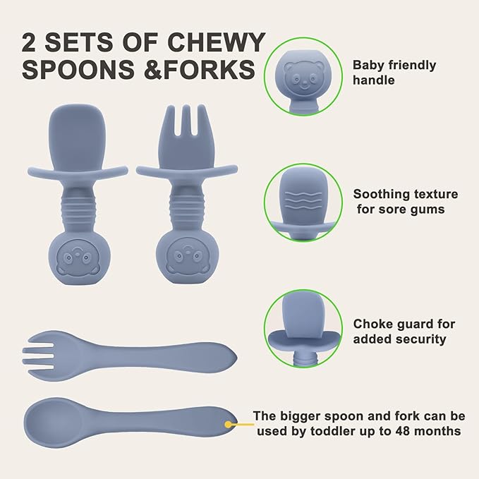 Silicone Baby Feeding Set | Baby Led Weaning Supplies Includes Suction Bowls and Divided Plates, Adjustable Bib, Baby Utensils Spoons and Forks,Cup | Baby Feeding Essentials (Blue Gray)