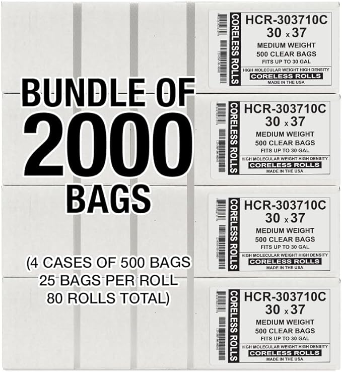Aluf Plastics High Density Trash Bags, 30 Gallon, 2000 Count, 10 Micron (eq), 30" x 37", Clear, for Bathroom, Office, Industrial, Commercial, Janitorial, Municipal, Recycling