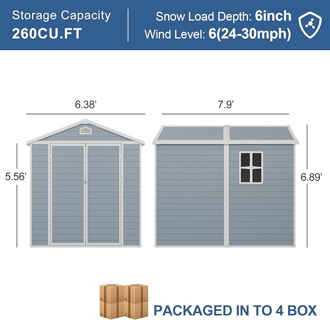 Outdoor Storage Shed, 8X6 FT Resin Shed with Floor and Lockable Doors, 260 CU.FT Waterproof Patio Storage Cabinet, Plastic Construction for Outdoor Storage