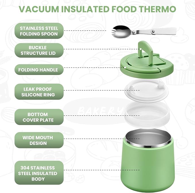 Soup Thermo for Hot Food 20oz Lunch Containers with Buckle Lid Wide Mouth Hot Food Jar Vacuum Insulated Stainless Steel Bento Box Leakproof with Spoon(Green)