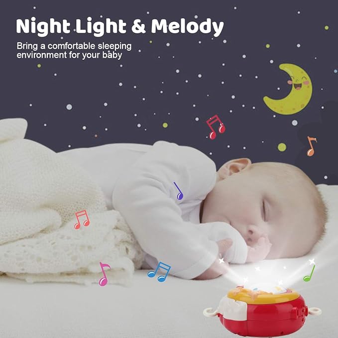Mini Tudou Baby Musical Mobile Crib Toys with Projector and Light, Timing Function, Remote Control Baby Cot Mobile with Take Along Music Box and Rattles, Present for Newborn Babies Boys Girls