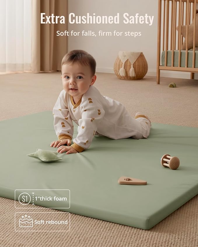 Blissful Diary Vegan Leather Baby Play Mat, 50x50 Thicken Foam Cushioned & Waterproof Playpen Mat for Infants and Toddlers, Stylish and Just Wipe-Clean Playmat for Baby Play on Floor, Light Green