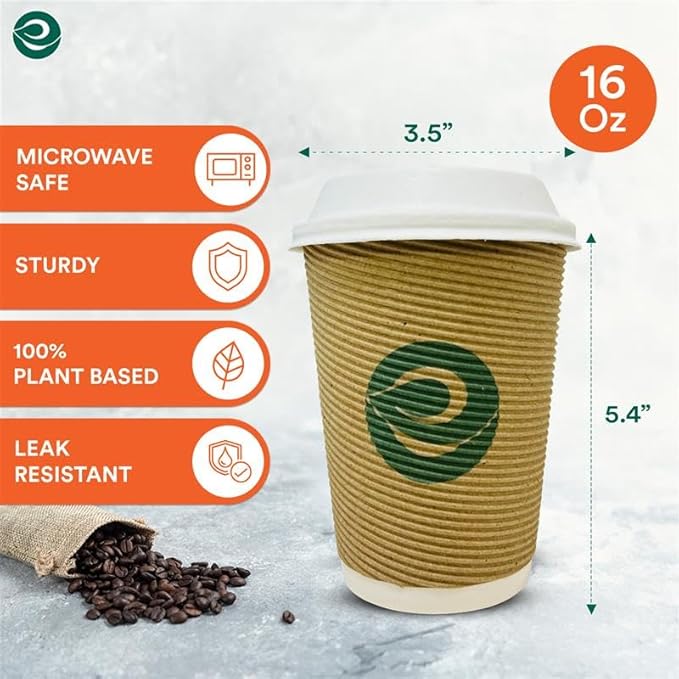 ECO SOUL 16oz Compostable Ripple Cups (25 Pack) – Biodegradable Paper Cups, Non-Toxic Disposable Cups for Hot Drinks, To-Go Coffee Cups, Eco-Friendly & Ripple Paper Cups