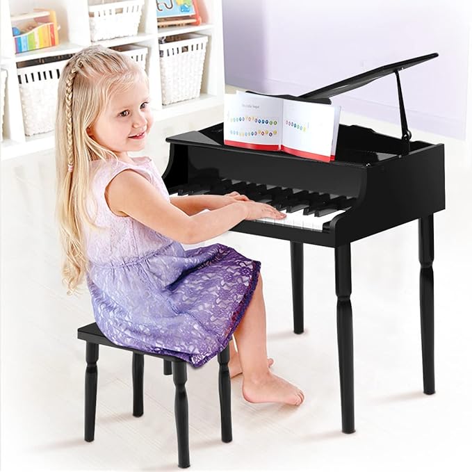 HONEY JOY Classical Kids Piano, 30-Key Mini Grand Piano with Music Stand and Bench, Wooden Musical Instrument Toy w/Lid & Music Rack, Gift for Boys Girls Ages 3+ (4 Straight Leg-Black)