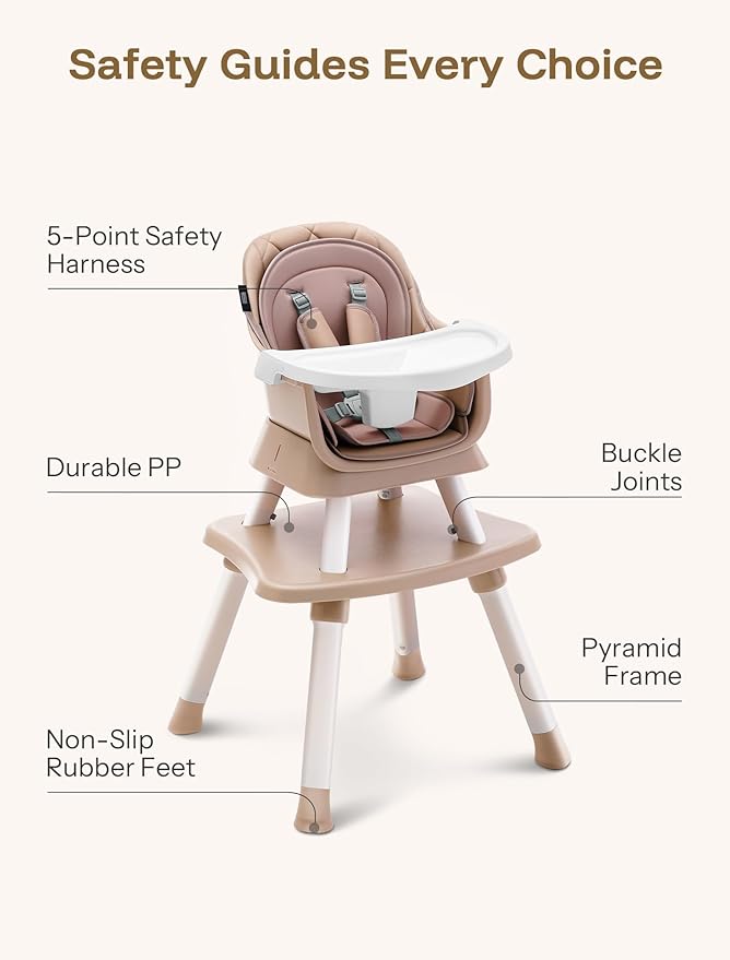 HARPPA 6 in 1 Baby High Chair, Convertible Infant Feeding Chair for Babies & Toddlers Table, Dining Booster Seat with Removable Tray, Khaki