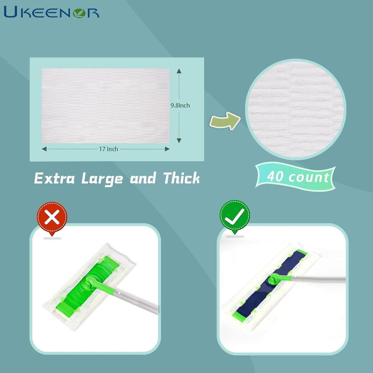XL Dry Mop Refills 40 Counts Disposable Dusting Cloths Dry Sweeping Refills Dry Duster Cloths Mop Pads Floor Cloth Refills Electrostatic Cloths 9.8"x17" Extra Thick and Large