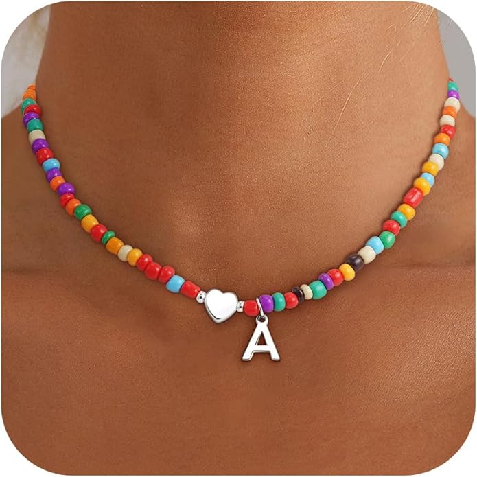 Colorful Initial Necklaces for Girls Women Kids - Teen Girls Gifts Trendy Beaded Initial Necklace Dainty Letter Gifts Choker Necklace for Girl Jewelry