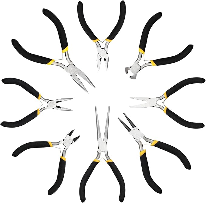 8pc 4.5" Mini Pliers Set - Long, Diagonal, End Cutting, Bent, Combination, Flat, Needle, Round Nose Pliers for Jewelry Making