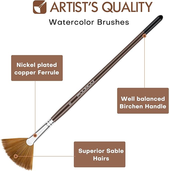 Sable Watercolor Brushes Professional, Fuumuui 7Pcs Sable Brush Set Variety Shapes with Flat, Round Pointed, Cat's Tongue Oval Wash Fan Brush Perfect for Watercolor Gouache Inks Painting