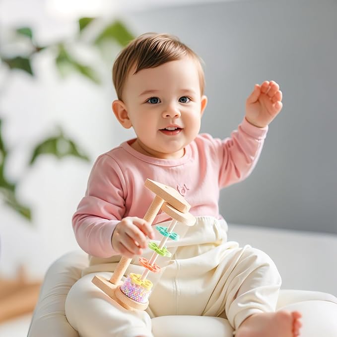 WOODEN TEETHER Wooden Soothing Rain Stick with Handle for 12 Months+ Babies Montessori Musical Baby Rattle Toys Calming Rainmaker for Early Sensory Development & Home Play
