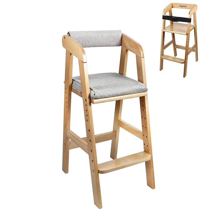 PandaEar Wooden High Chair for Toddlers, Adjustable Child Highchair Feeding Chair with Removable Cushion & Steps for Kids Dining, Eating, Studyin (Natural)