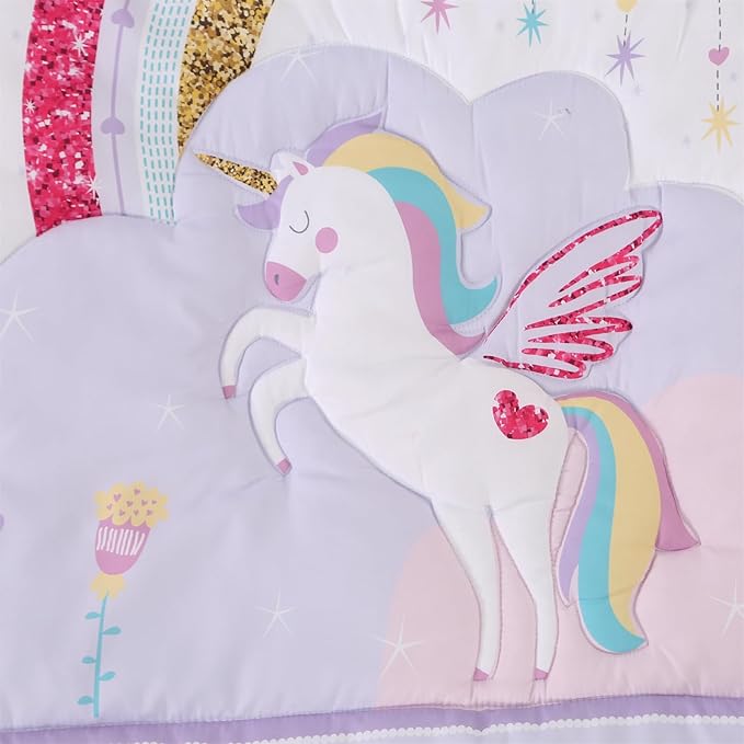 Wowelife Mini Girl Crib Bedding Set, 3 Piece Unicorn Mini Crib Comforter Set, Baby Girl Nursery Bedding Set Include Breathable Comforter, Crib Skirt and 38x24 Sheet, Purple
