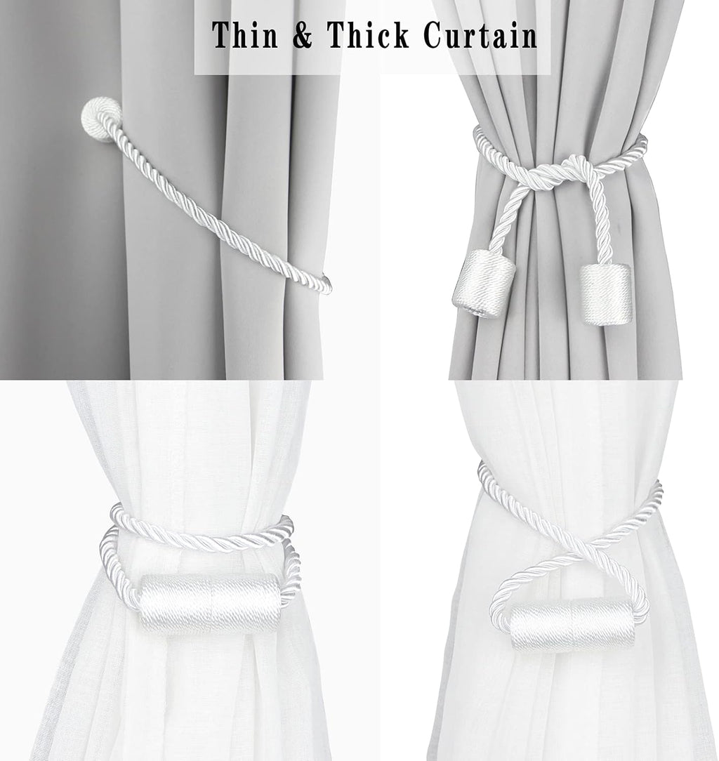 2 Pack White Strong Magnetic Curtain Tiebacks Outdoor Elegant Decorative Tie Backs Modern Rope Tiebacks for Drapes Window Curtain Holdbacks for Draperies