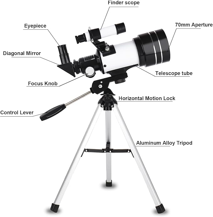 Telescope for Adults & Kids, 70mm Aperture 300mm Refractor Telescope, Portable Travel Refractor Telescopes for Astronomy Beginners with Tripod, Phone Adapter