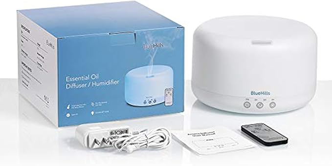 BlueHills Premium 1000 ML XL Essential Oil Diffuser Aromatherapy Humidifier with Remote for Large Room Home 18 Hour Run Huge Coverage Area 1 Liter Mood Lights Extra Large Capacity White D001
