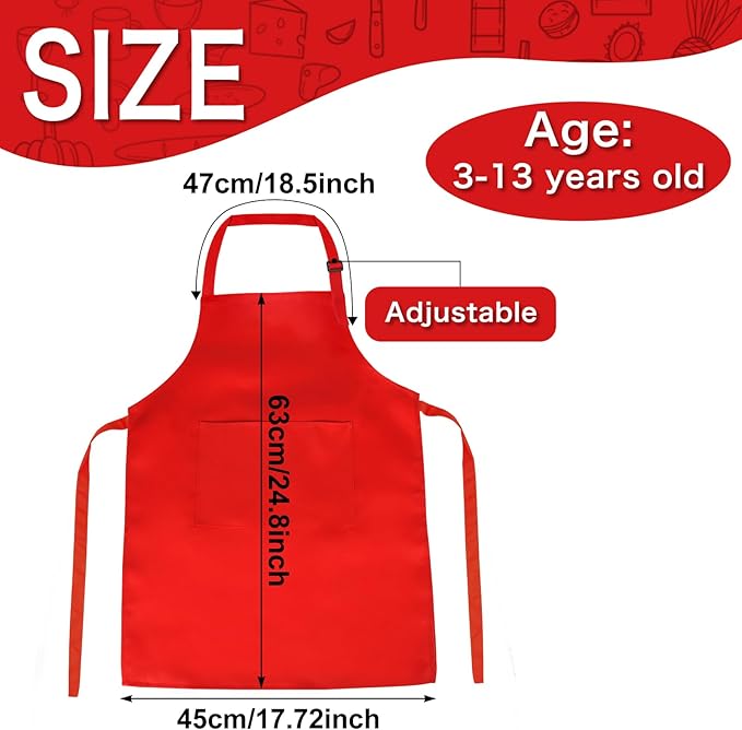 PLULON 10 Pcs Aprons for Kids Adjustable Kids Red Apron Bulk with Pocket Painting Aprons For Boys Girls Painting Cooking Baking (Red)