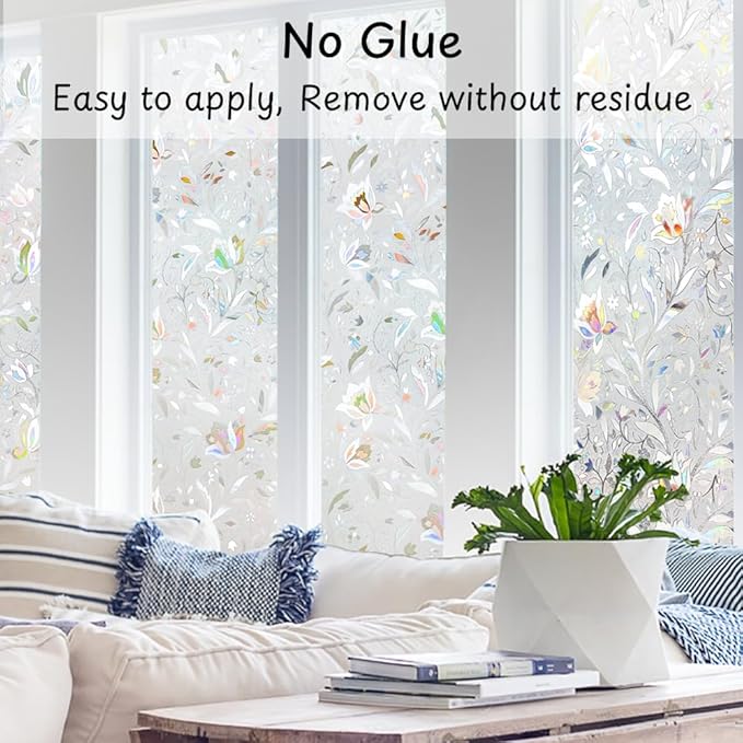NINETREX Window Privacy Film,3D Stained Glass Window Film,Decorative Window Covering Sun Blocking Vinyl Static Cling Anti-UV Heat Control for Home Decor,Tulip 29.5 x 78.7inch