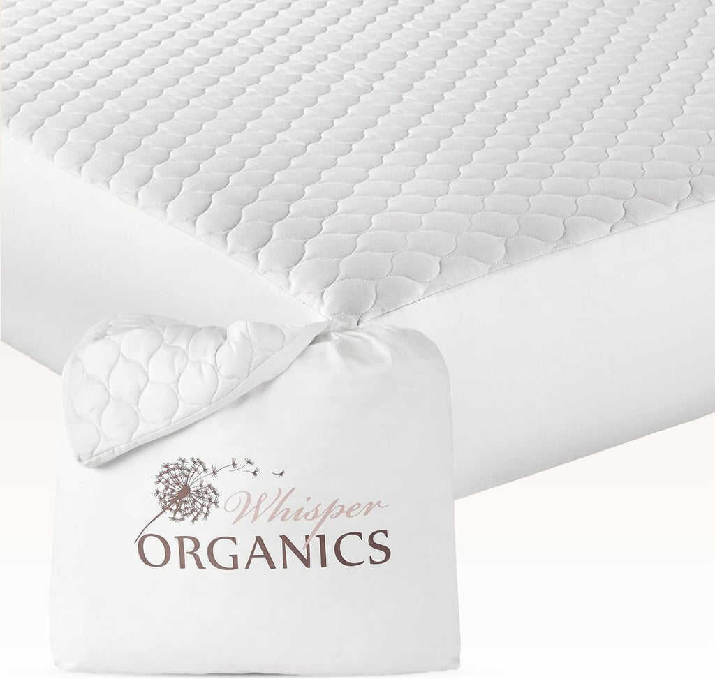 100% Cotton Organic Mattress Pad - Breathable & Cooling Mattress Protector Full Size - Premium 300GSM Quilted and Noiseless Machine Washable Organic Mattress Protector (White, Full)