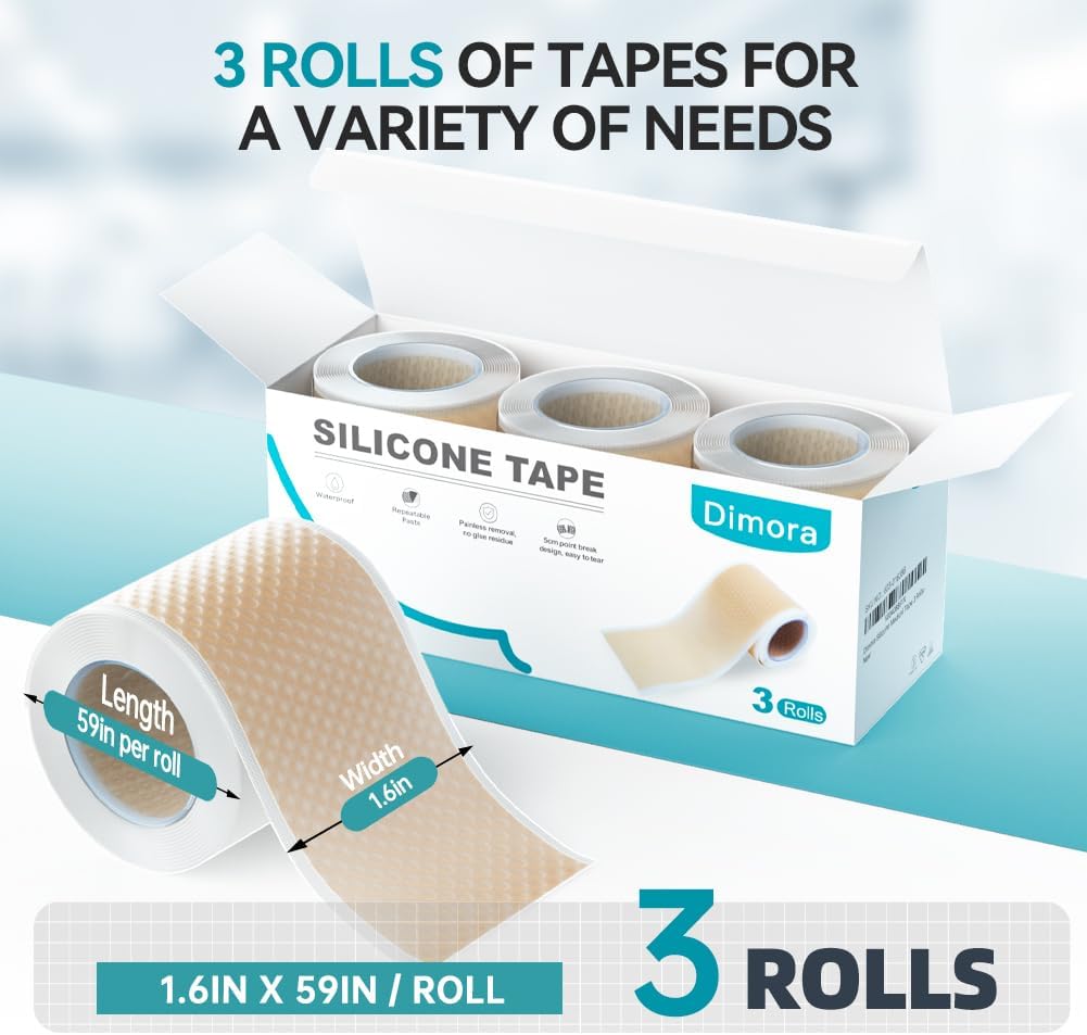 Dimora Silicone Tape 3 Rolls - Hypoallergenic Medical Tape for Sensitive Skin, Pain-Free Removal First Aid Tapes with Easy Tear Precut, Waterproof Surgical Tape,1.6in x 177in