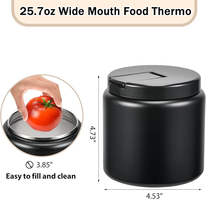 26oz Kids Thermos for Hot Food, Insulated Vacuum Food Jar with Buckle Lid, Stainless Steel Wide Mouth Leak Proof Insulated Lunch Container for School Picnic Travel, Black