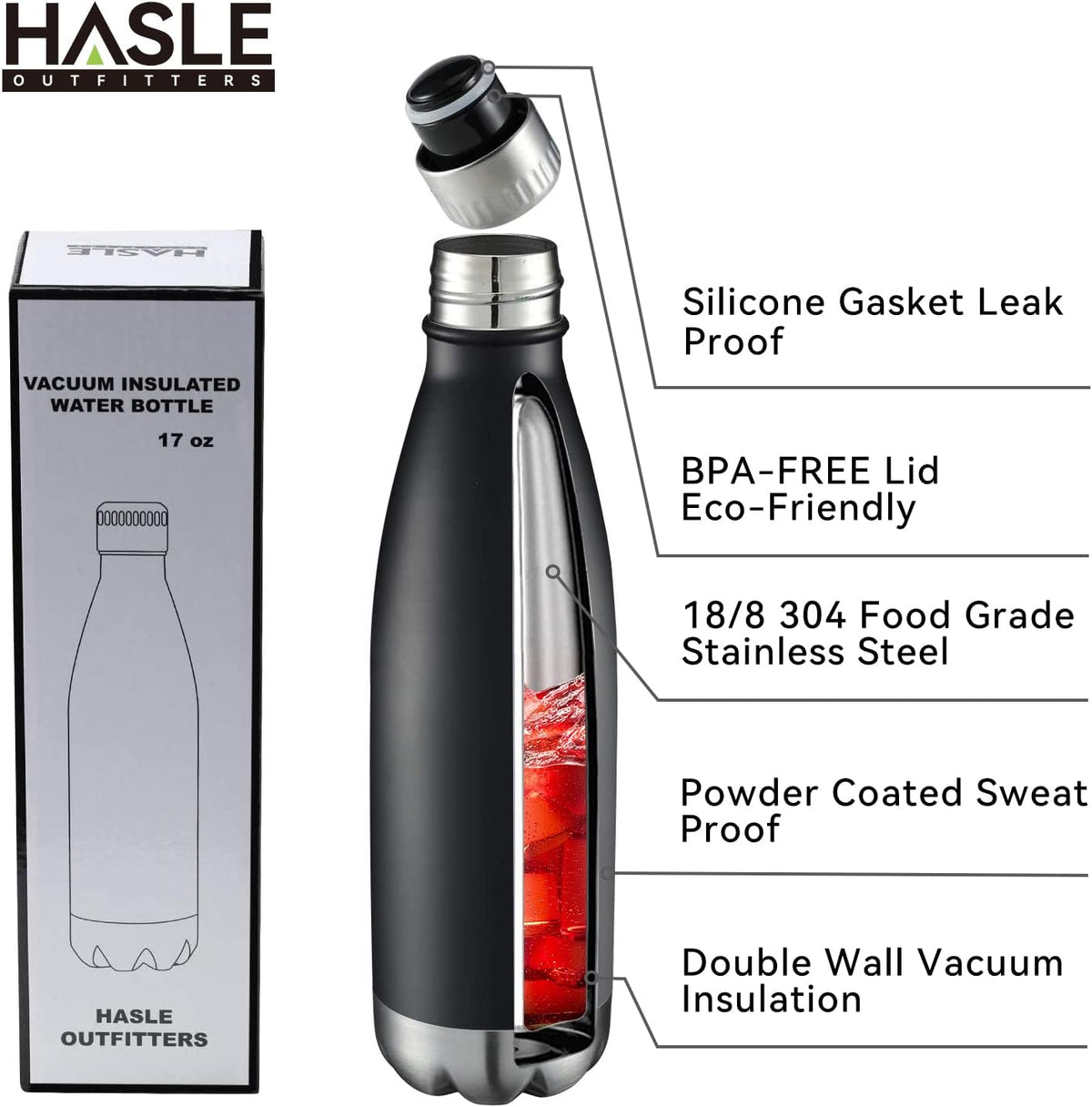 HASLE OUTFITTERS 17oz Stainless Steel Water Bottles, Vacuum Insulated Water Bottles Double Walled Reusable Metal Sports Water Bottles Keep Drinks Hot and Cold, Black, 1Pack