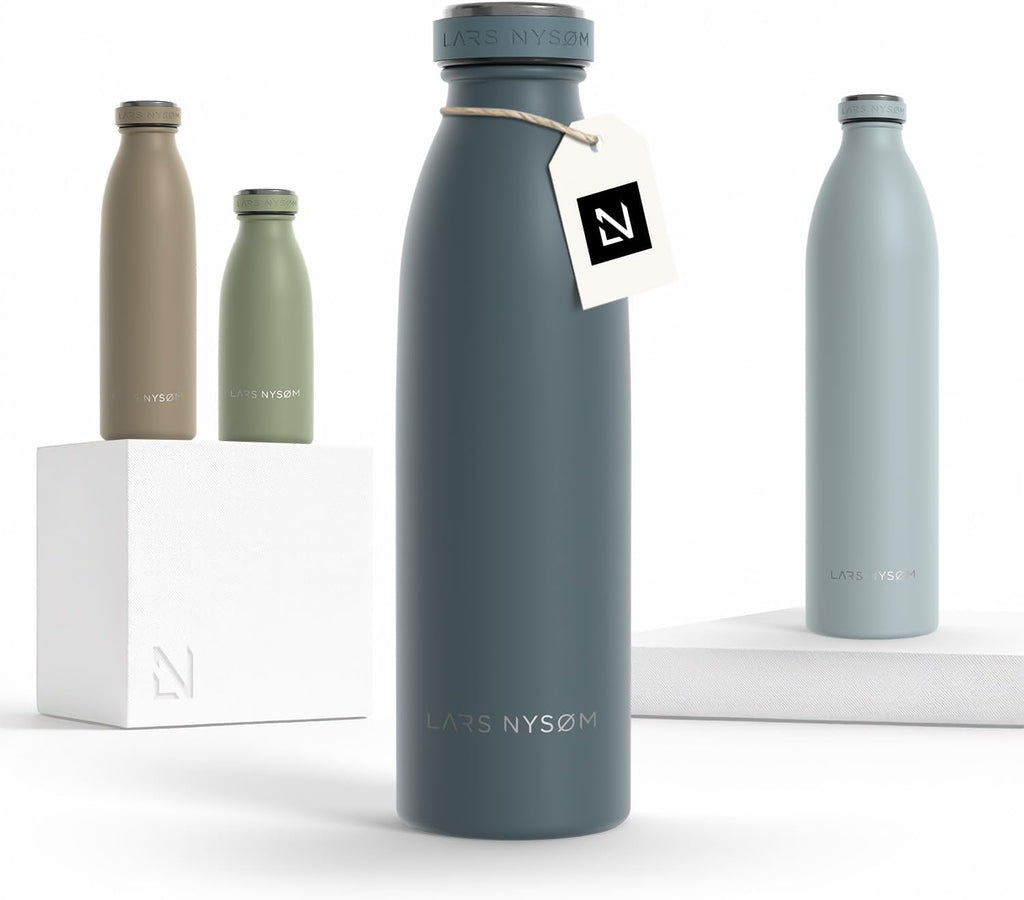 LARS NYSØM Stainless Steel Insulated Water Bottle 12oz 17oz 25oz 34oz 51oz | Insulated Thermo Flask for Hot and Cold Beverages | Leakproof Drinking Bottle (Stone Blue, 17oz)