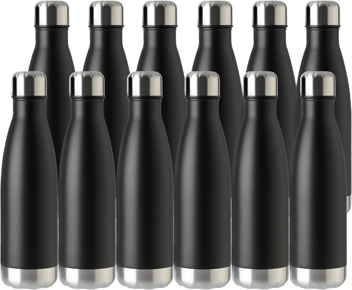 MEWAY 17oz Sport Water Bottle 12 Pack Vacuum Insulated Stainless Steel Leak-Proof Double Wall Cola Shape Water Bottle,Keep Drinks Hot & Cold (Black,12 Pack)