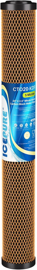 ICEPURE 5 Micron 20" x 2.5" Whole House Activated Carbon and KDF Water Filter Cartridge, Heavy Metal Removal Filter Replacement for EP-20, C1-20, F3WCB32, CTO20-KDF, 1PACK