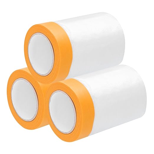 uxcell 3 Rolls Painters Plastic with Tape, 2 x 59 Ft Pre-Taped Masking Film Tape and Plastic Film Paint Plastic Covering Roll for Covering Skirting, Frames and Auto Body, Yellow/Clear