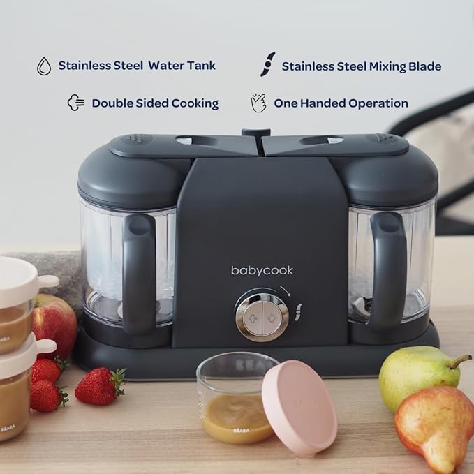 BEABA Babycook Duo 4 in 1 Baby Food Maker, Puree Steamer and Blender for Purees, Grinder with Auto Steam Cooking, Lrg 9.1 Cup Capacity, Makes 54 Servings in 20 Mins, Charcoal