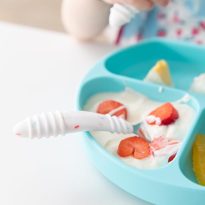 Bumkins Toddler Utensils, Kids Size Fork and Spoon Set, Silicone and Stainless-Steel Training Silverware, Angled Forks/Sporks Feeding, Children Hold Learning to Eat, 18 Mos Up, Vanilla Sprinkles
