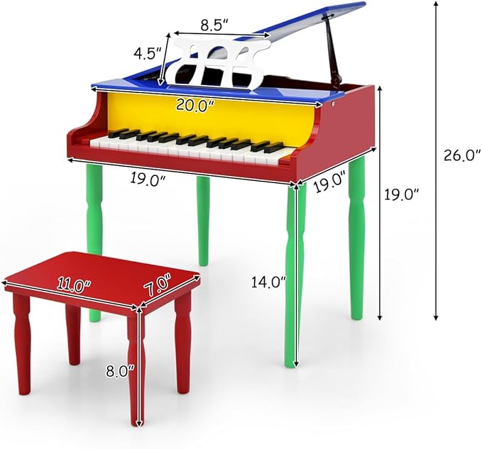 HONEY JOY Classical Kids Piano, 30-Key Mini Grand Piano with Music Stand and Bench, Wooden Musical Instrument Toy w/Lid & Music Rack, Gift for Boys Girls Ages 3+
