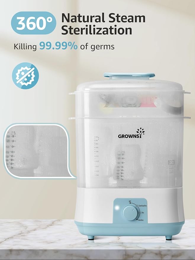 GROWNSY Adjustable 3 in 1 Large Bottle Sterilizer and Dryer, Electric Steam Baby Bottle Sterilizer, Bottle Sanitizer for Baby Bottles & Pacifiers, Breast Pump Parts Blue