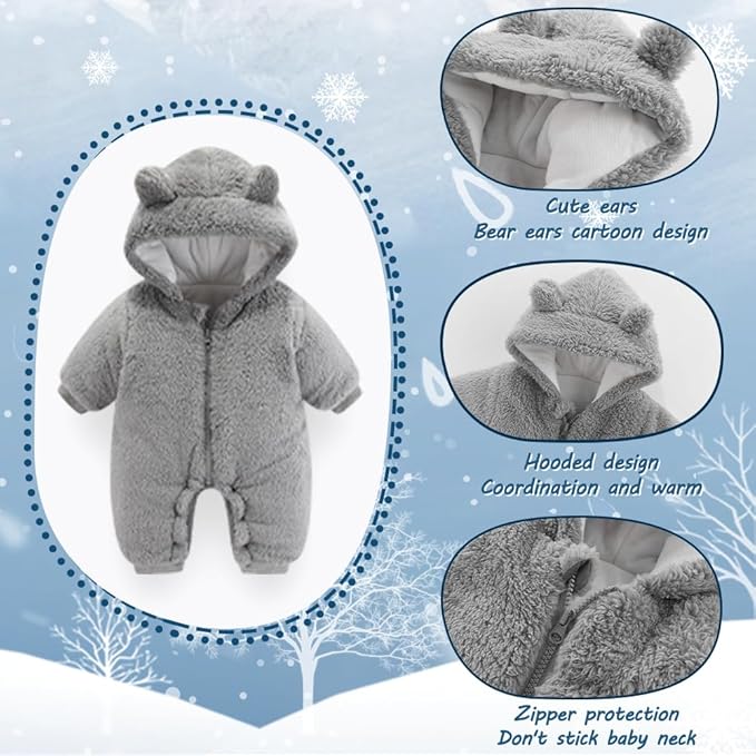 Newborn Baby Bear Outfit Suit Girls Boys Fleece Jumpsuit Romper Hooded Winter Snowsuit Clothes