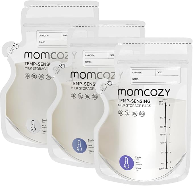 Momcozy Easy Pour Breastmilk Storage Bag, 8Oz, Temp-Sensing Color Change, 60 Count Milk Bag with Self Standing for Breastfeeding, No Leak Presterilized for Freezer, Recyclable & BPA Free