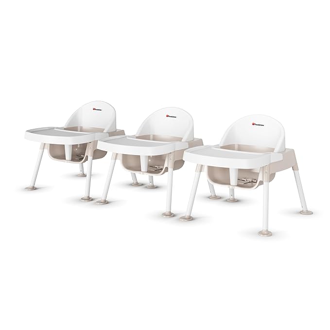 Foundations Secure Sitter Feeding Chairs Multipack, No-Tip Feet, 3-Point Adjustable Harness, Removable Tray, Easy to Clean, Stackable Feeding Chairs, 3 Pack (7 inch)