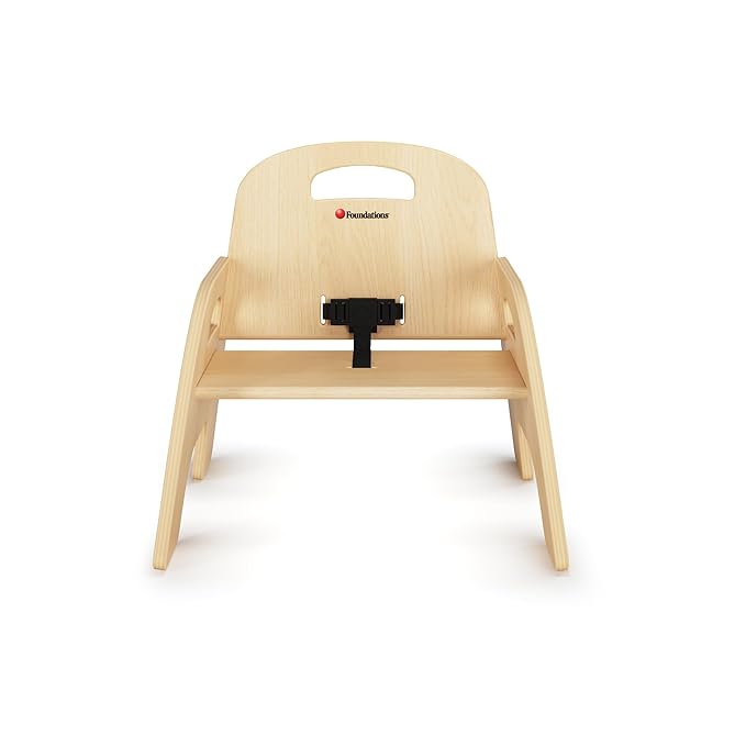 Foundations Simple Sitter 7” Low Wood Feeding Chairs, Wide No-Tip Base, Adjustable Safety Harness, Stackable Wood Toddler Chairs with Food Service Grade Finish, 2 Pack
