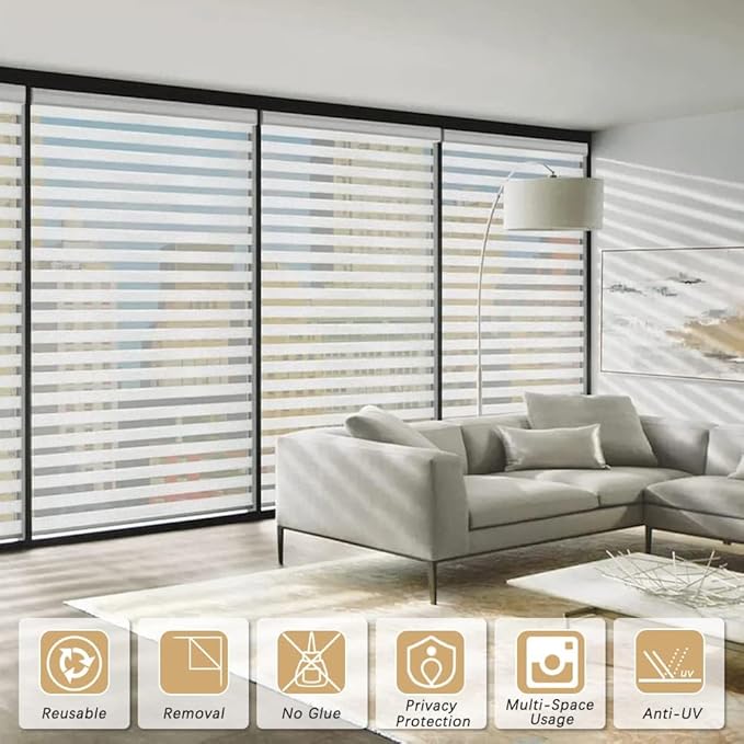 Qualsen Privacy Window Film, Frosted Windows Privacy Film, Frosting Cling for Glass, Anti-UV Reeded Blinds Sticker for Home Office Meeting Room, Stripe Patterns, 11.8x47inch