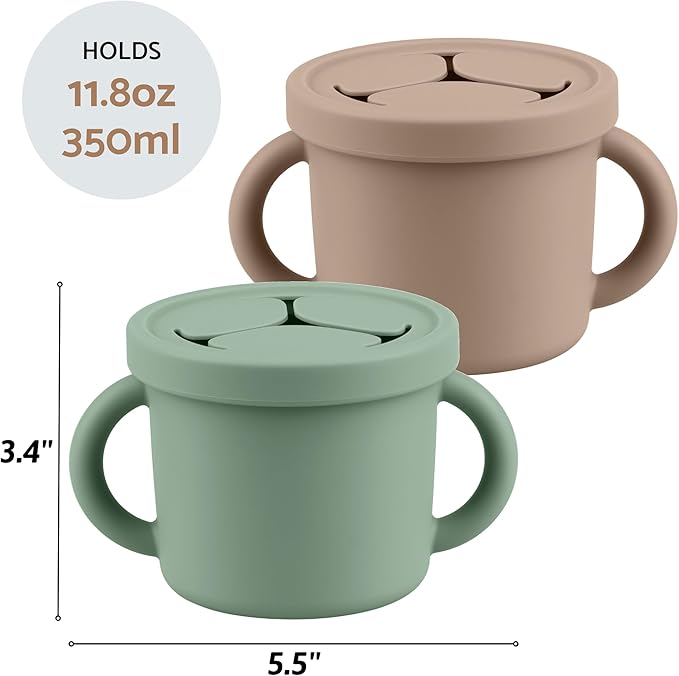 Snack Containers for Toddlers, Kids - 2 Pack Food Grade Silicone Snack Cups with Grip Handle (Natural/Sage)