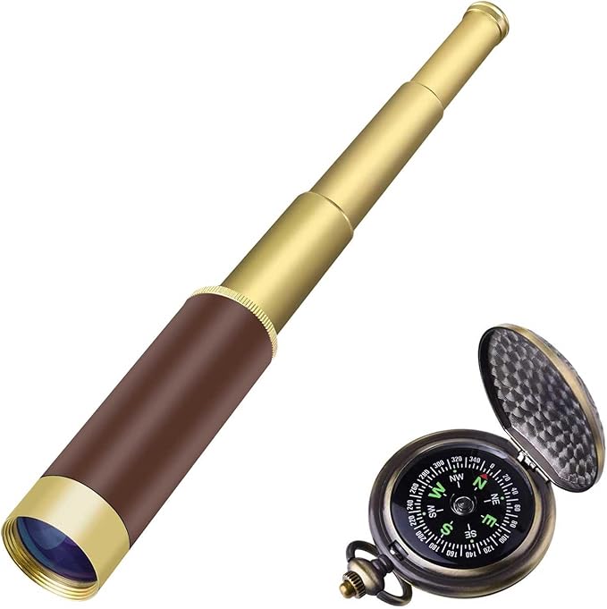 Retro Pirate Telescope Spyglass for Kids Adults Portable Collapsible Handheld Telescope Monocular Zoomable 25x30 & Survival Gear Compass Pocket Military Compass for Outdoor Camping Hiking Boating