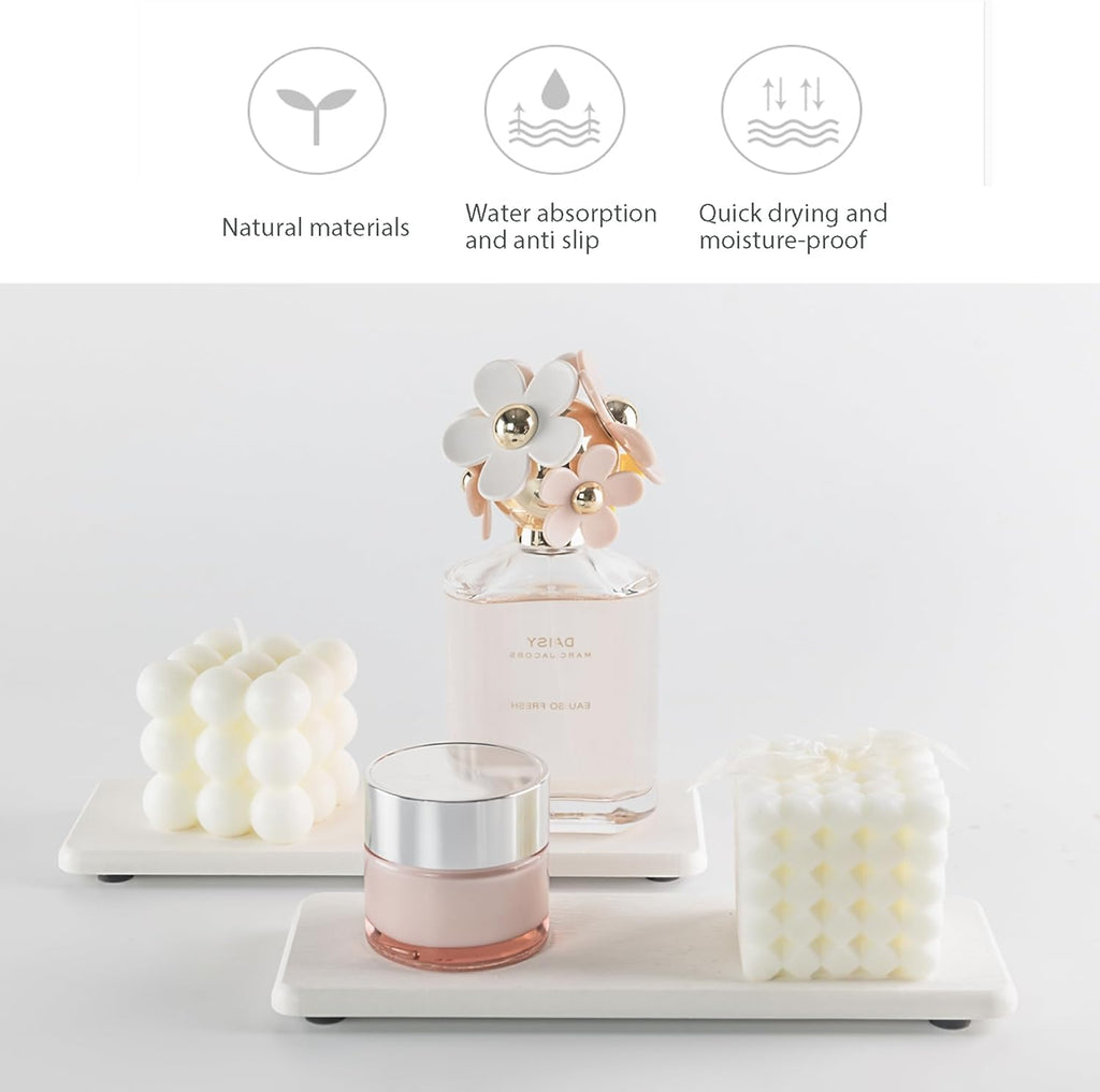 2 Pcs Water Absorbing Stone Trays, Kitchen/Bathroom Sink Soap Dish, Diatomite Tray Used for Hand Soap & Cosmetic Bottles in The Modern Home, 3.15" W x 8.7" L, White